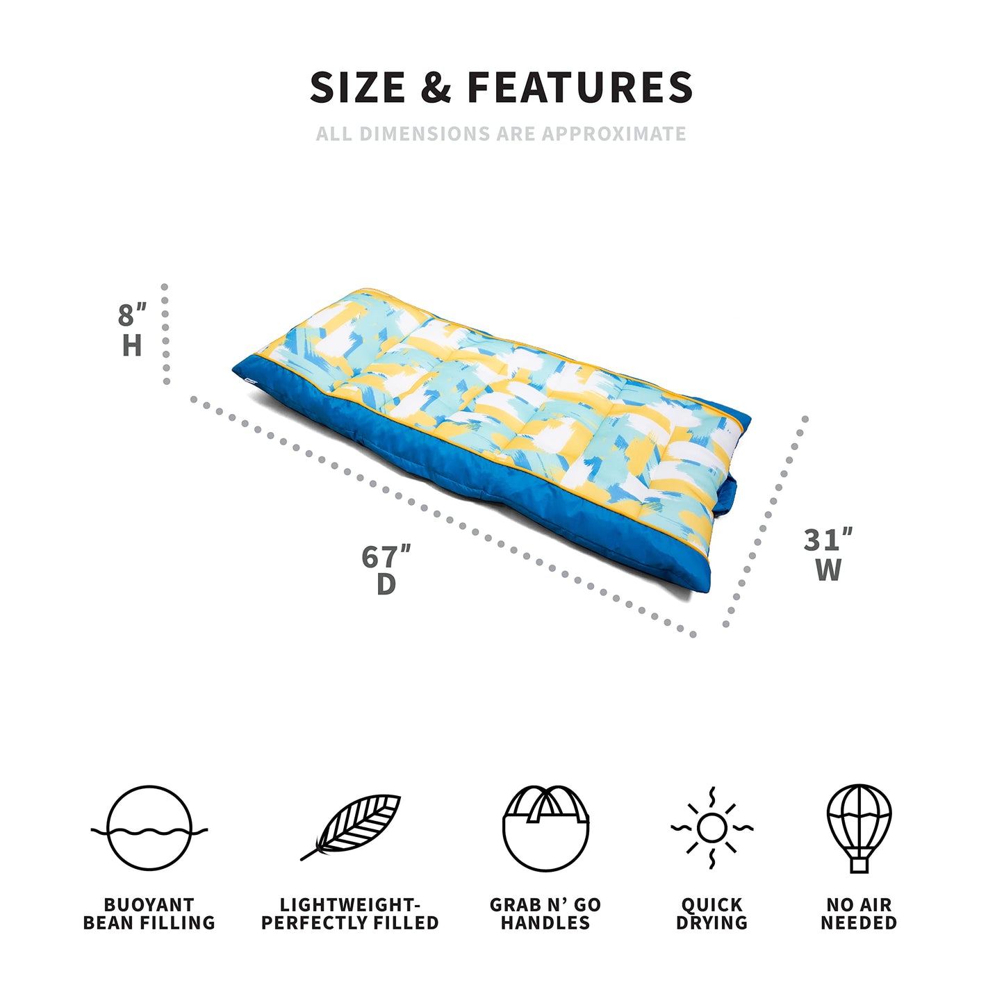 Big Joe Kona No Inflation Needed Pool Lounger With Headrest, Paintbrush Yellow Double Sided Mesh, Quick Draining Fabric, 5.5 Feet Big