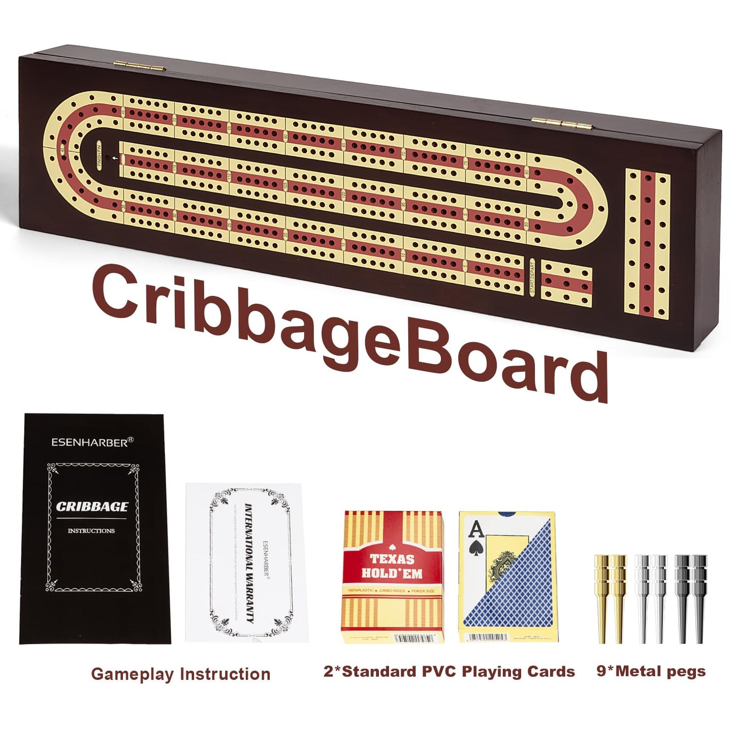 Cribbage Board Game Set, Premium Wooden Board With Magnetic Lock And Metal Pegs, 2 Playing Cards, And Large Storage - Travel-Fri