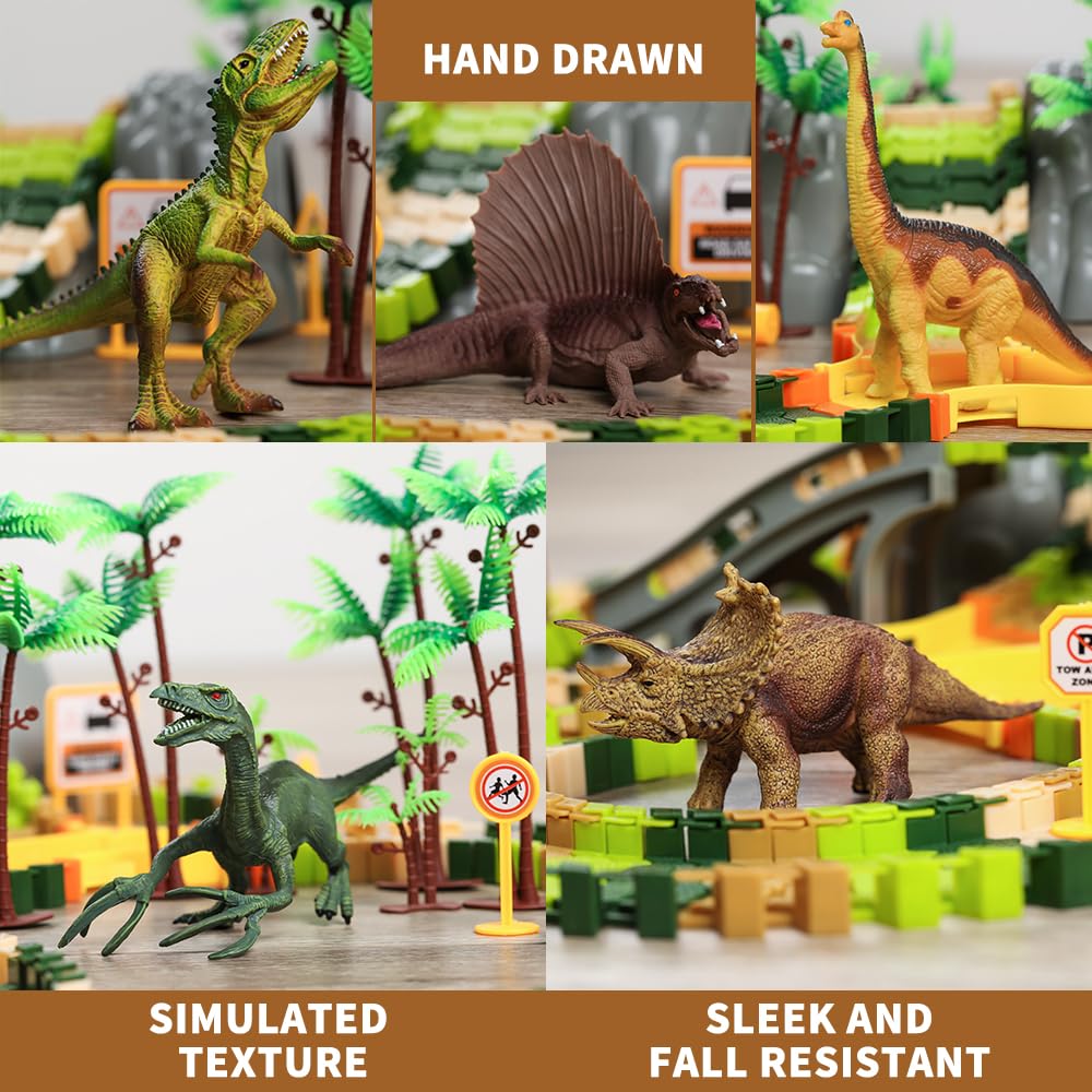 Temi 348Pcs Dinosaur Train Toys For Kids 3 4 5 6 7 Years, Longer Track, 6 Realistic Jurassic Dino Figures, 2 Electric Toy Cars, Twisted Flexible Train Track Set For Toddlers, Boys & Girls