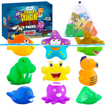 Color Changing No Hole Bath Toys For Kids Toddlers, Color Change Sea Creatures Ocean Animal Toys With Drying Bag(9 Pack), Baby Bath Toys Water Toys Floating Fish Toys