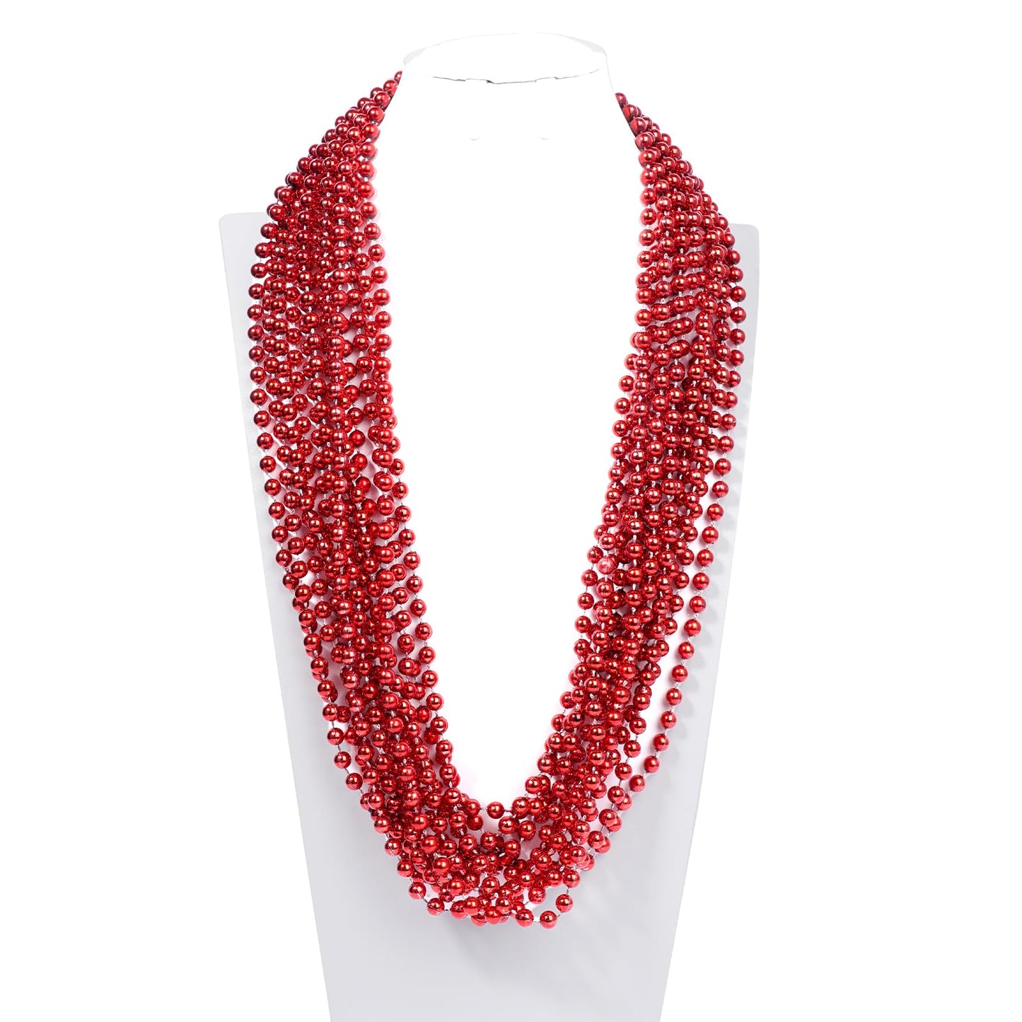 YAXINRUI 33 Inch 7 mm Metallic Red Bead Necklaces, 15pcs Mardi Gras Beads Bulk Round Beaded Necklaces Costume Necklace for Mardi