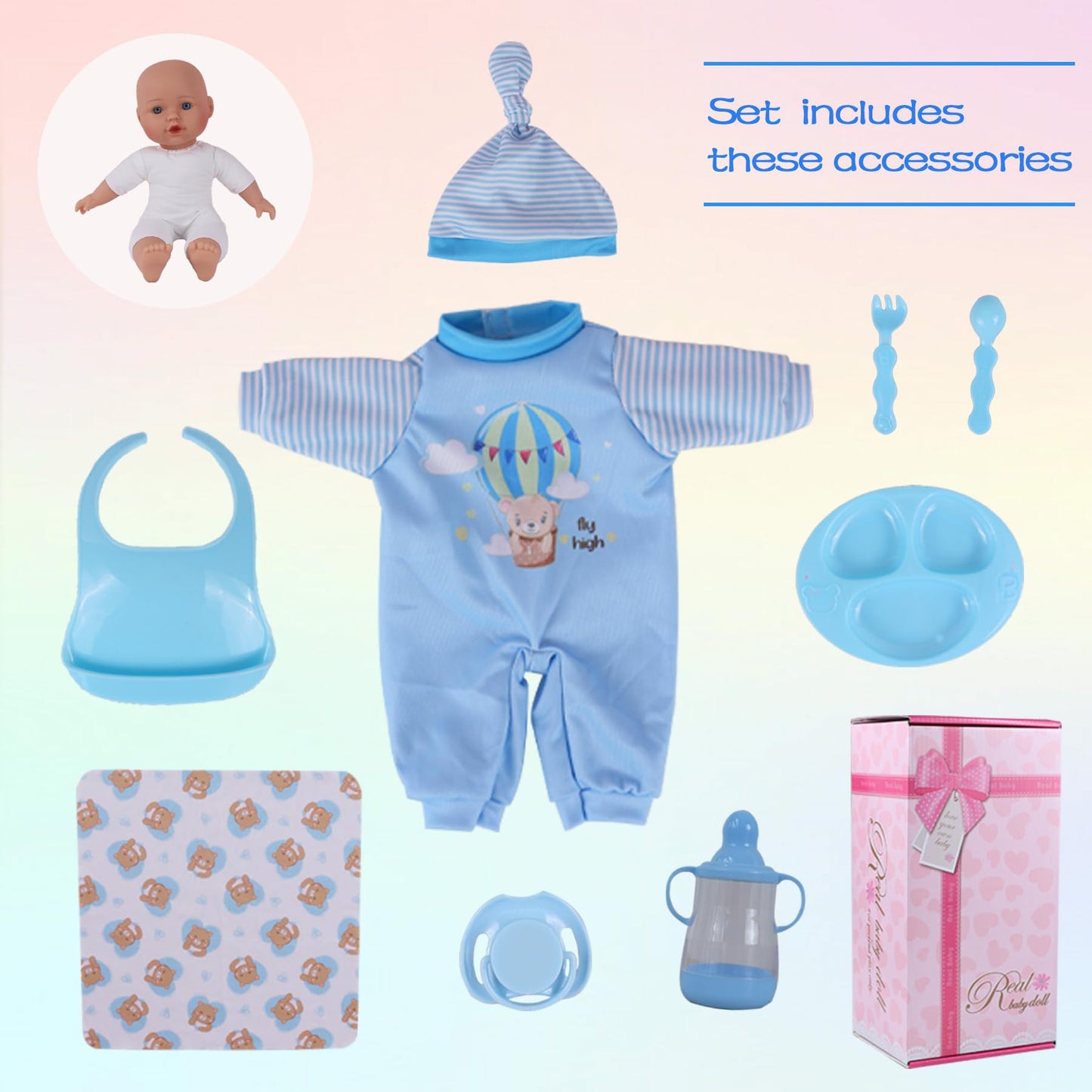 Haveahug 13'' Soft Baby Doll With Take Along Blue Doll Blanket, 6 Piece Play Set With Bottle & Accessories(Blue Blanket)