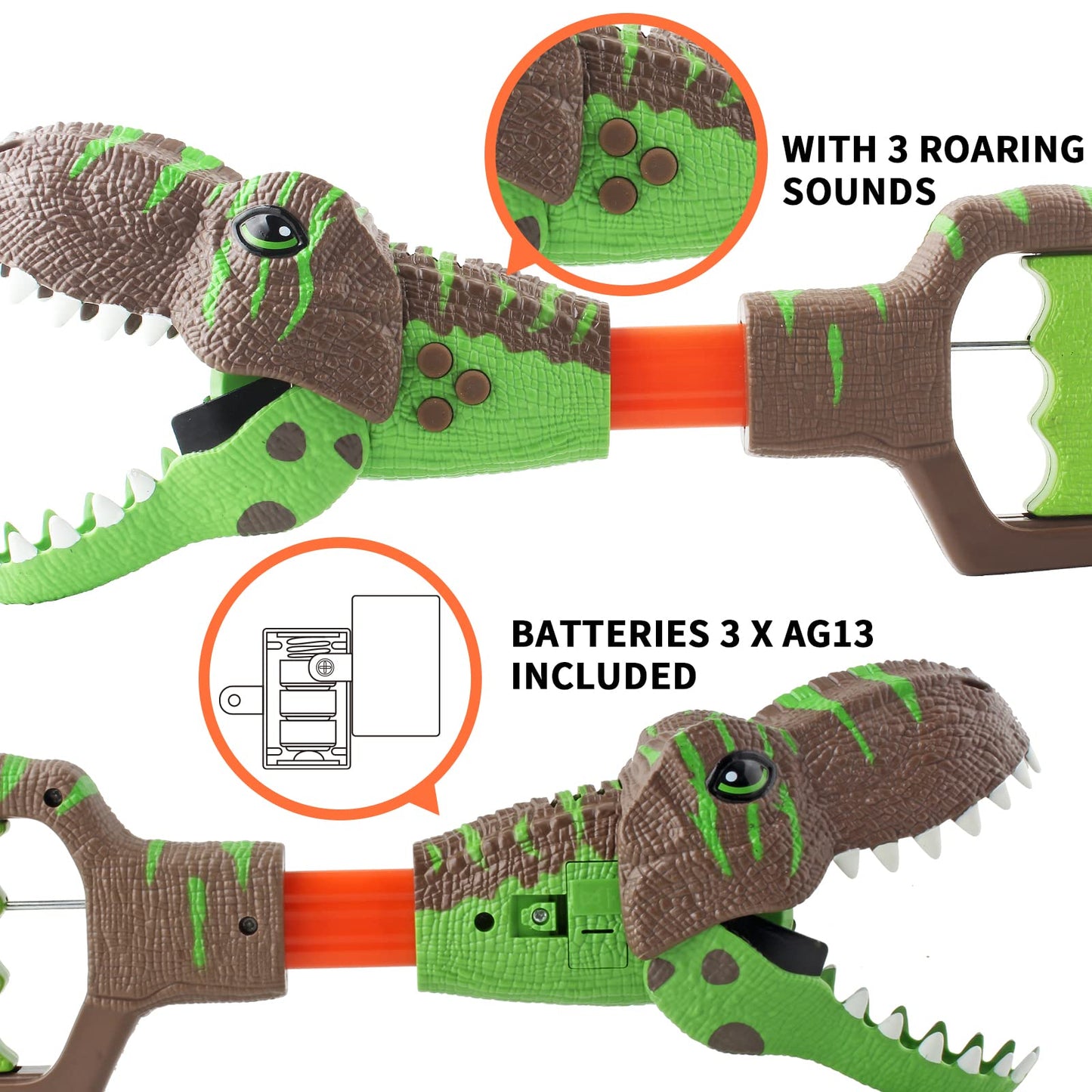 Dinobros Dinosaur Chomper Toys For Kids With 3 Roar Sounds And Light Jurassic Dinosaurs Grabber Claw T-Rex Reacher Robot Hand Pincher Dino Snapper