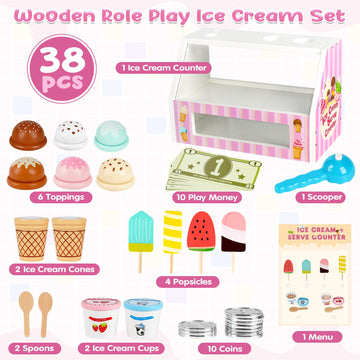 Dreamon Ice Cream Counter Playset for Kids, 38 PCS Wooden Ice Cream Set Shop for Toddlers 3-5, Toddler Pretend Play Toy, Christm