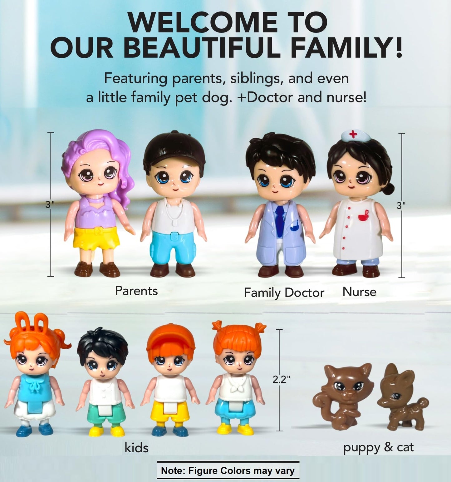 Funerica Dollhouse People Figures Playset - Adorable Dollhouse Family Members With Pets, Doctor, And Nurse. Little People Figures Doll House Accessories Toys