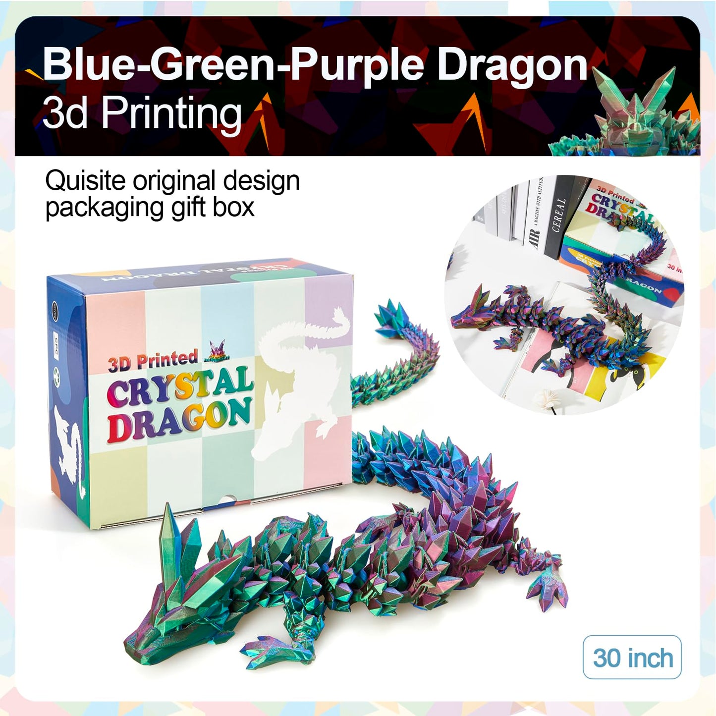 Meet Gladness 30 In 3D Printed Dragon, 30Inch Dragon,3D Dragon Toy,Large Dragon Present,Ariculated Crystal Dragon(Blue Green Pur