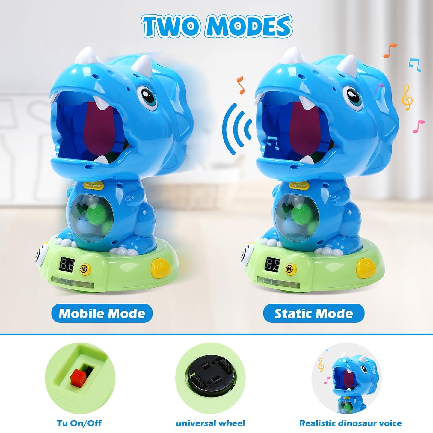 EagleStone Moveable Triceratops Shooting Toy - Medium EVA Foam, Blue, Model 8808-10B, LCD Score Record for Kids
