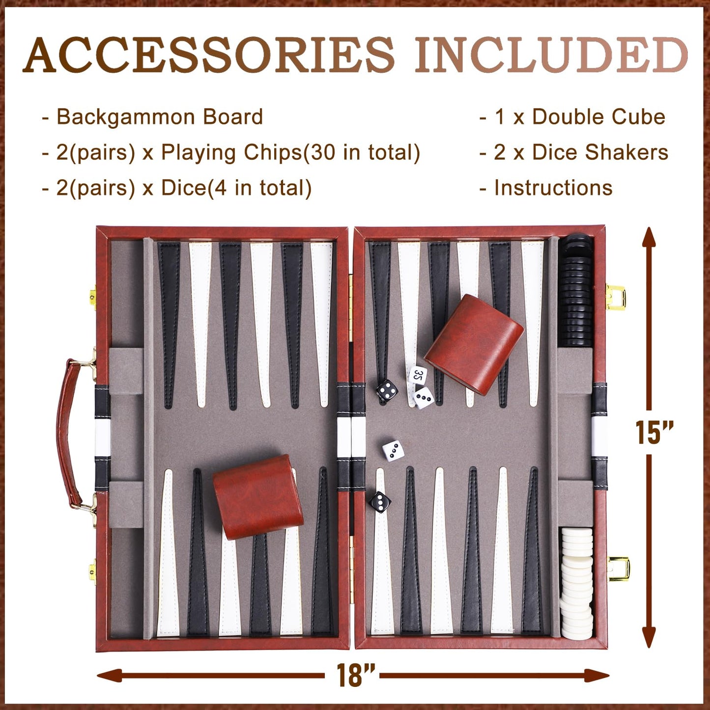 Backgn Sets for mature-themeds 15 Inch Backgn Brown Sets Classic Board Game with enhanced Leather Case Portable Travels Strategy Backgn Game Set for mature-themeds Kids (Brown)