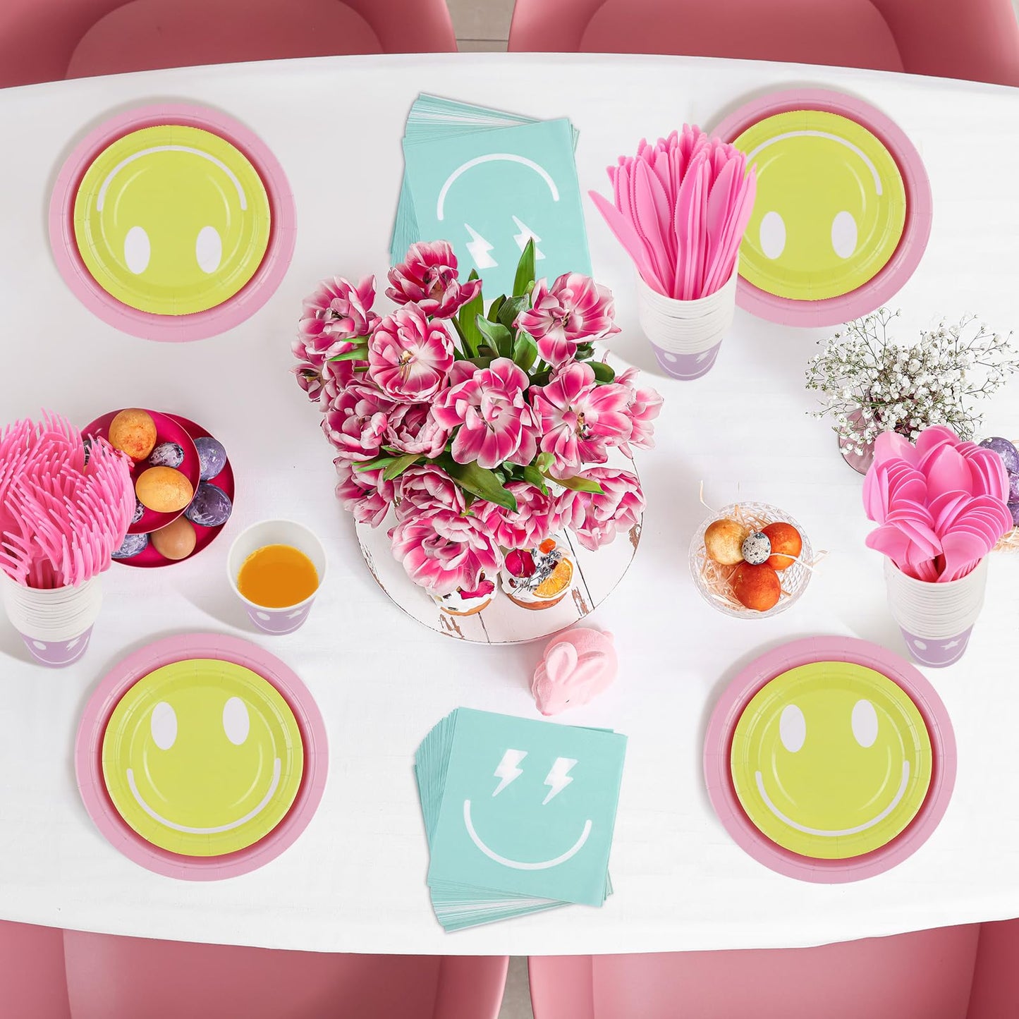 Durony 350 Pieces Preppy Smile Face Party Decorations Pastel Party Supplies Include Smiley Paper Plates Napkins Cups Forks Knive