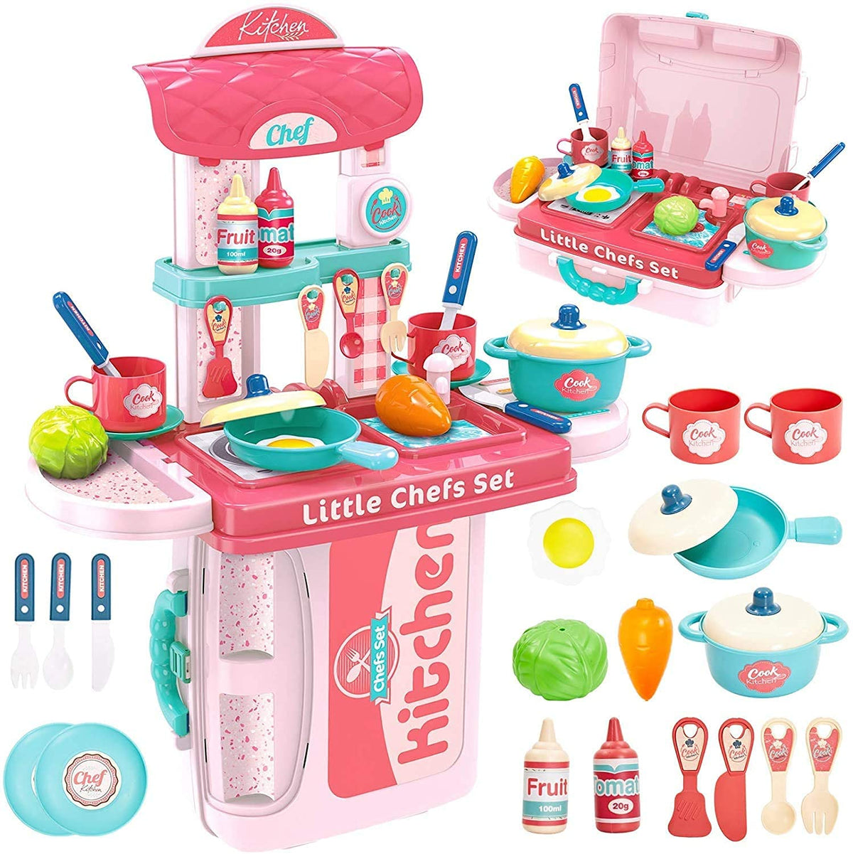 Exegi Enterprise 3 in 1 Kitchen Suitcase for Kids Mini Kitchen Play Set Portable Cooking Suitcase Toys Mini Kitchen Play Set for