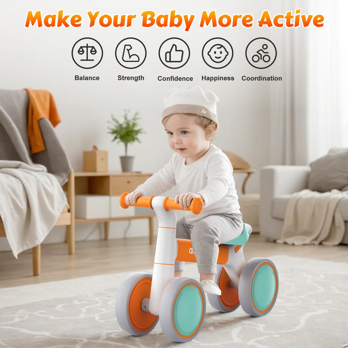 Allobebe Baby Balance Bike, Toddler Bike For 12-36 Months Boys Girls, 4 Silence Wheels & Soft Seat, Ride On Toys For Toddlers 1-3, 1 Year Old Boy Birthday Gift