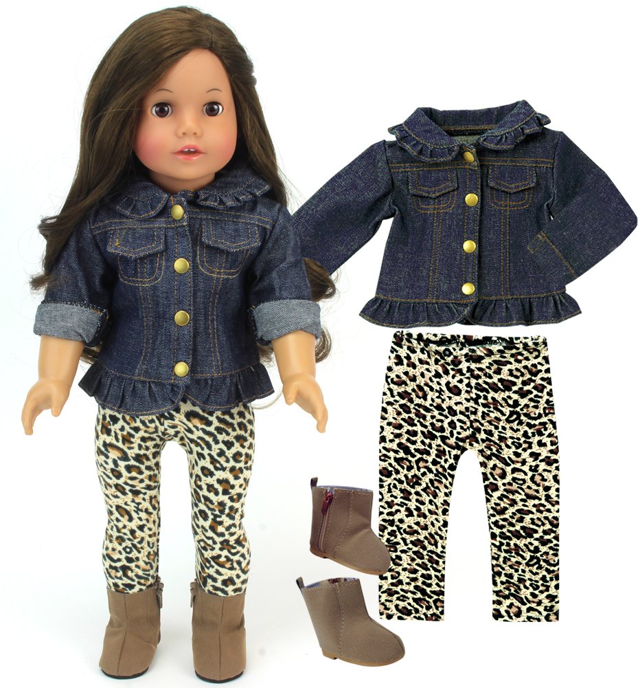 Sophia'S Ruffle Denim Jean Jacket, Animal Print Leggings, And Brown Suede Ankle Boots With Zipper Outfit 3 Piece Set For 18' Dolls, Brown