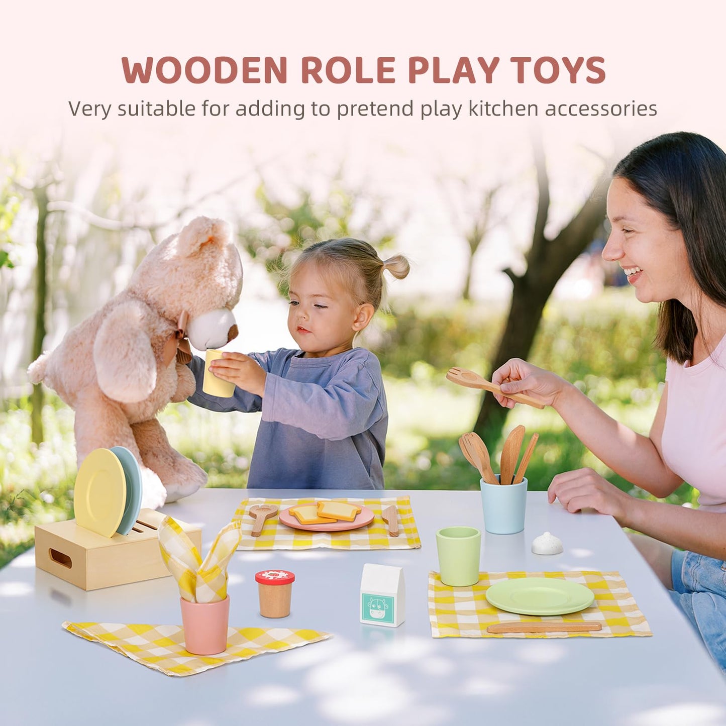 OOOK Wooden Play Dishes and Plates for Kids Kitchen Set, 25 PCS Wooden Play Kitchen Accessories, Play Montessori Kitchen Toy for