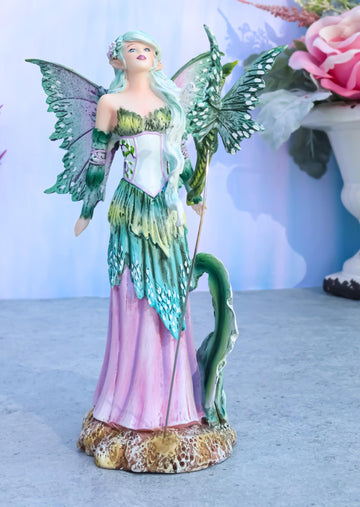 Ebros Amy Brown Discovery Enchanted Elf Fairy Fae Damsel With Green Pixie Dragon Statue 8' Tall Fantasy Mythical Faery Garden Magic Collectible Figurine Fairies Pixies Nymphs Decor