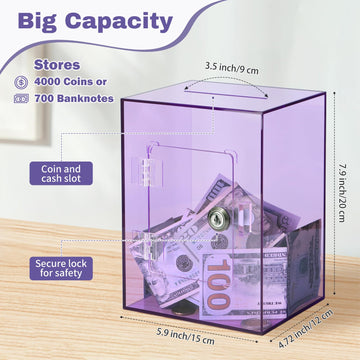 Imeepa Clear Acrylic Piggy Bank With Lock And Key For Kids Adults, Openable Money Saving Box For Cash Coins Real Money (Purple)