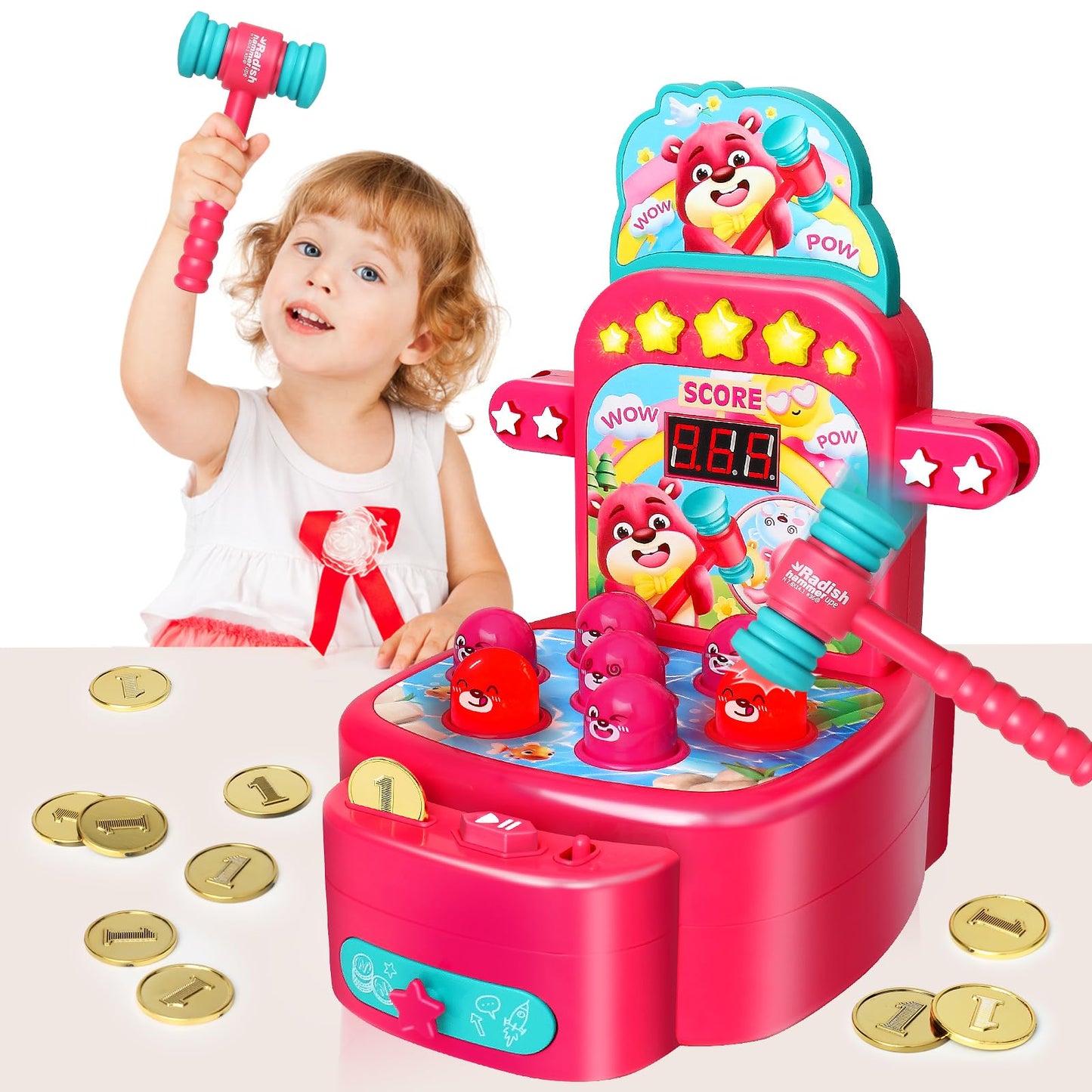 Yerloa Whack A Mole Game For Toddlers 2 3 4 5 Year Old Boy Girl Kids Easter Birthday Gift, Toys For Ages 2-4 4-6 Learning Interactive Educational Cause And Effect Toys With 2 Hammers, Music & Light