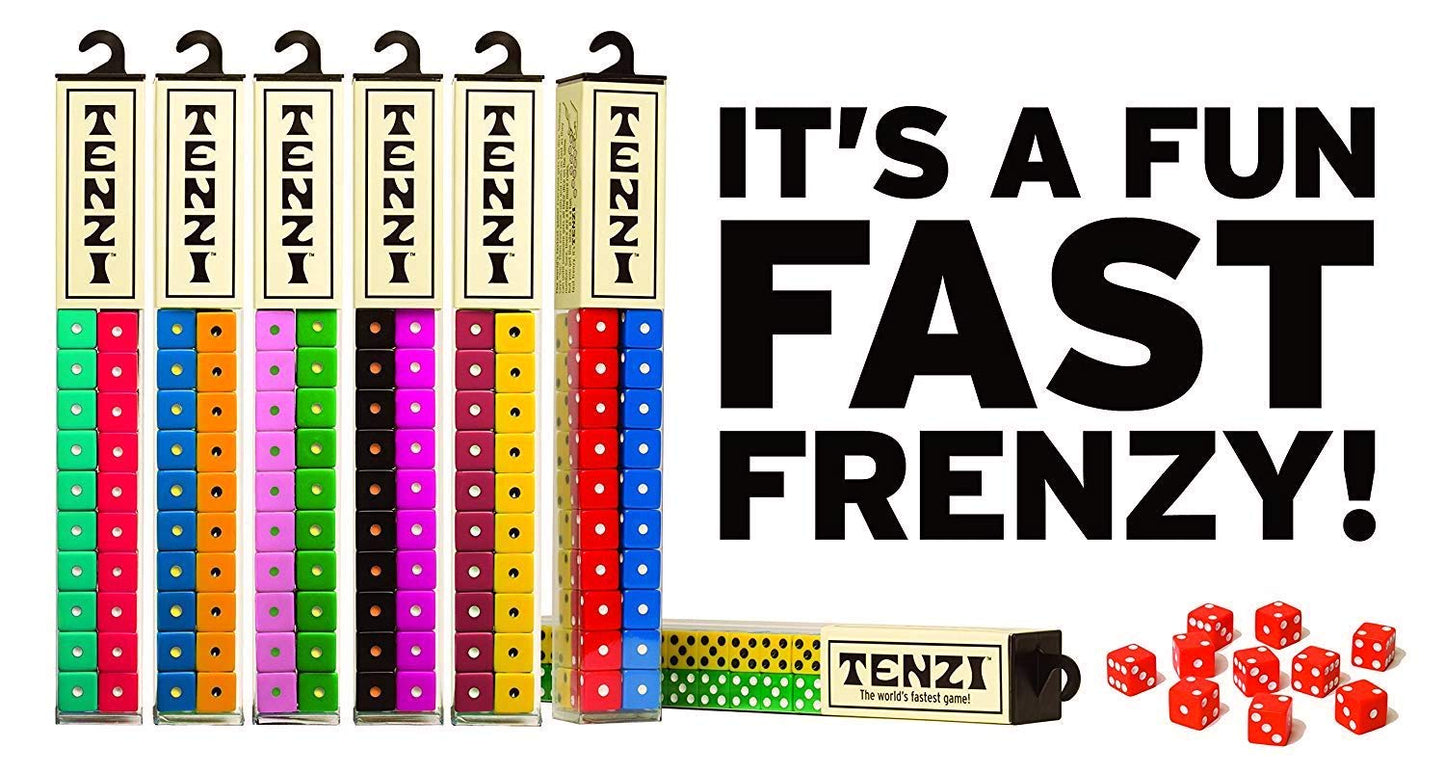 Tenzi Dice Party Game - A Fun, Fast Frenzy For The Whole Family - 4 Sets Of 10 Colored Dice With Storage Tube - Colors May Vary