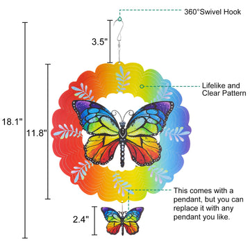 Vestcdf Butterfly Wind Spinner With Pendant, 12 Inch Hanging Wind Sculptures Outdoor, 3D Wind Spinners For Yard And Garden Decor