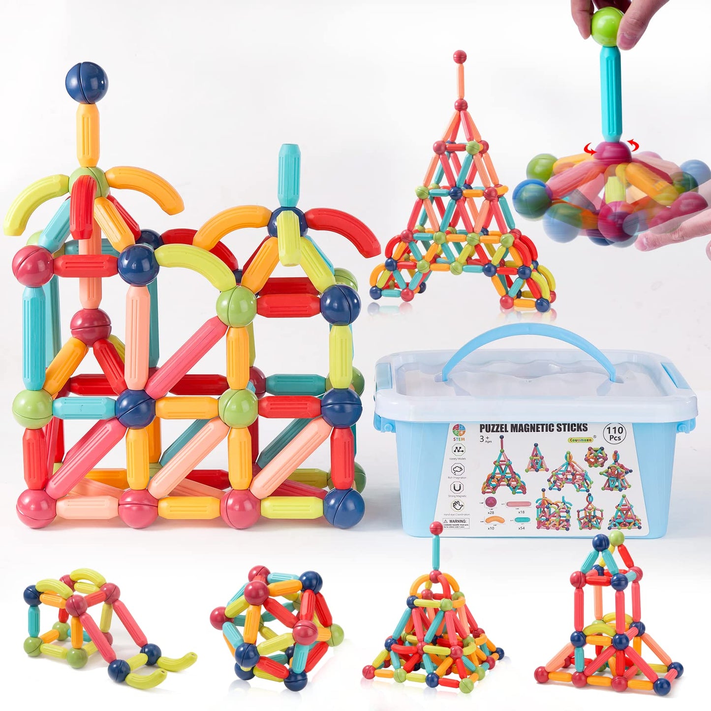 Couomoxa 110 Pcs Magnetic Building Blocks Toy-Stem Construction Building Set Learn Resource For Toddler Kids Magnet Toys For 3+