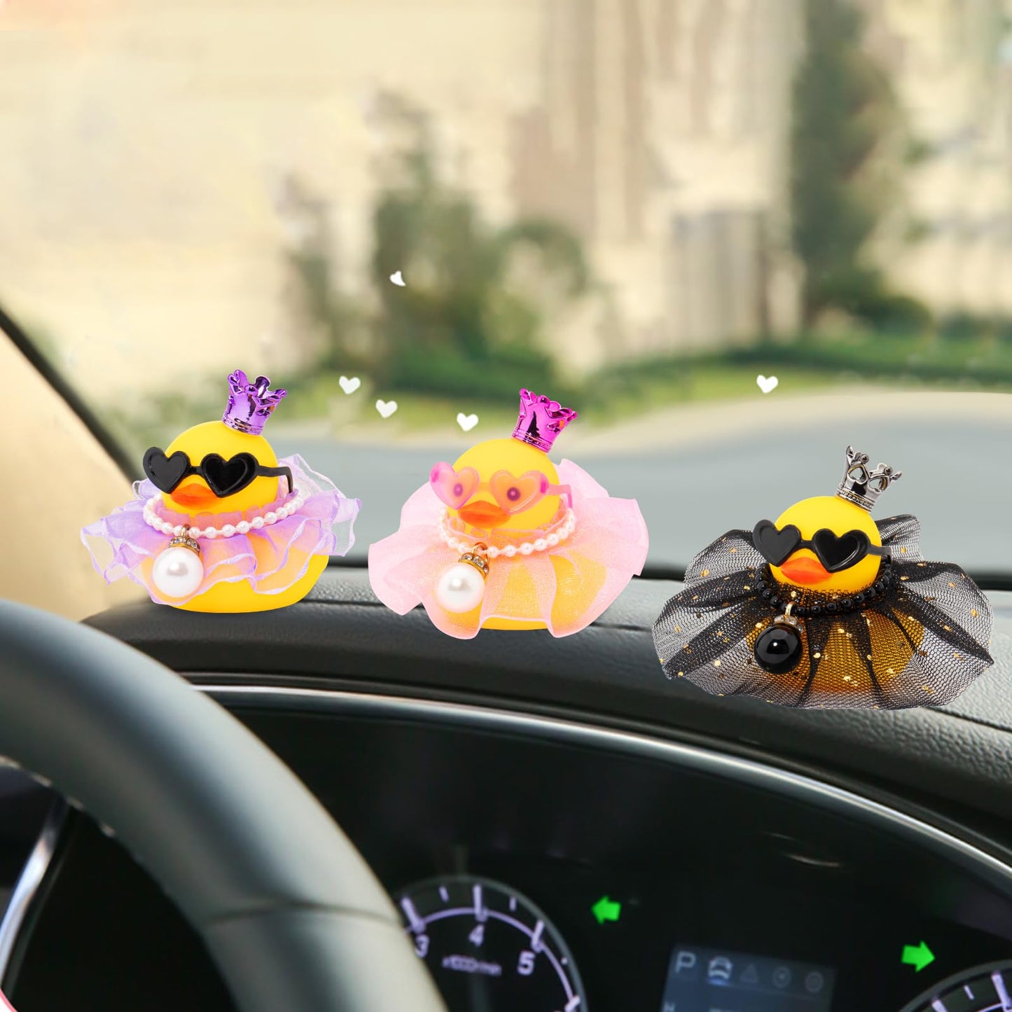 wonuu Rubber Duck Car Dashboard Decoration Duck Car Ornament Cute Car Accessories with Mini Crown Dress Pearl Necklace Glasses Black Starry Skirt