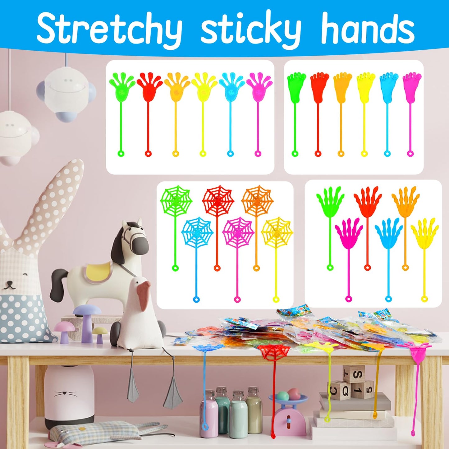 Alknot 50 Pack Sticky Hands Party Favors, 4 Types Goodie Bag Stuffers, Birthday Party Gift, Teacher Treasure Box Prizes, Classro