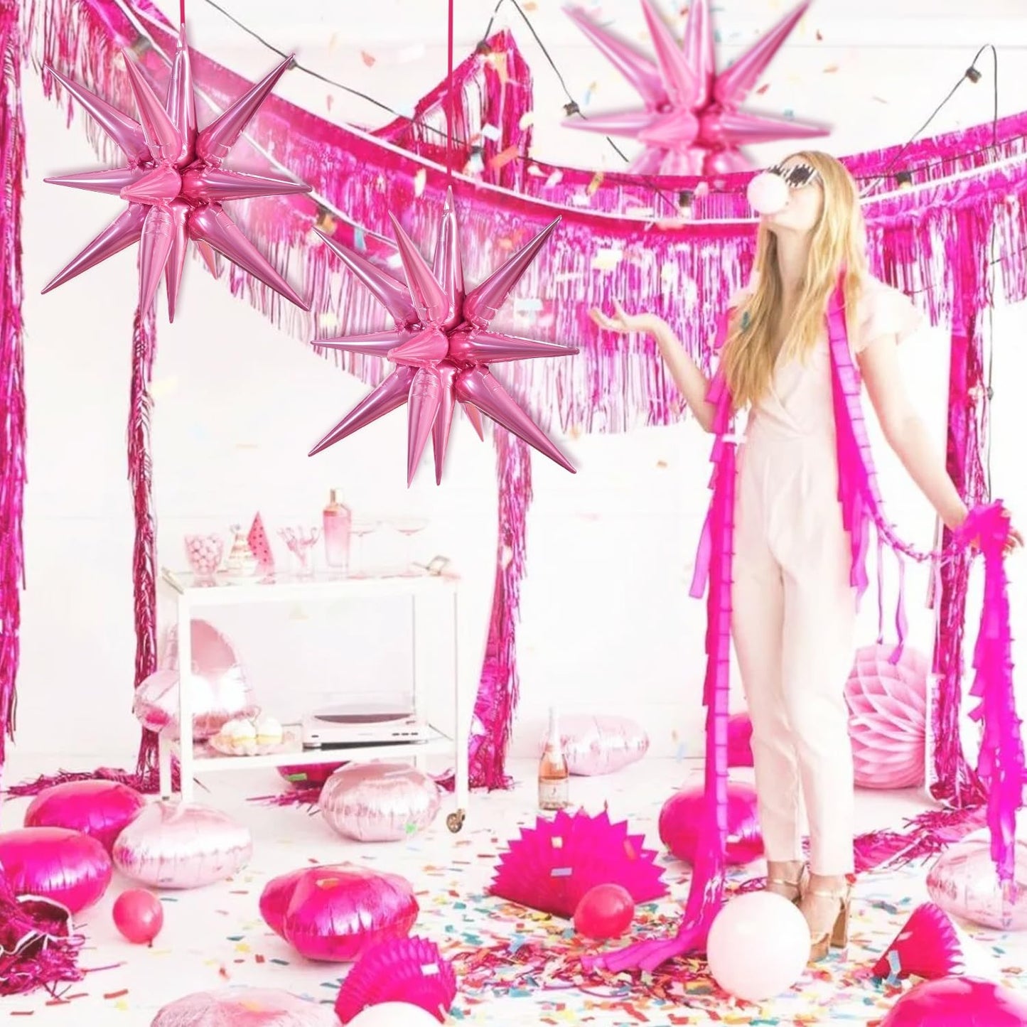 Toniful 4 Pcs 22Inch 4D Pink Explosion Star Foil Balloons 14Point Light Pink Star Mylar Balloons For Party Backdrop Christmas Ne