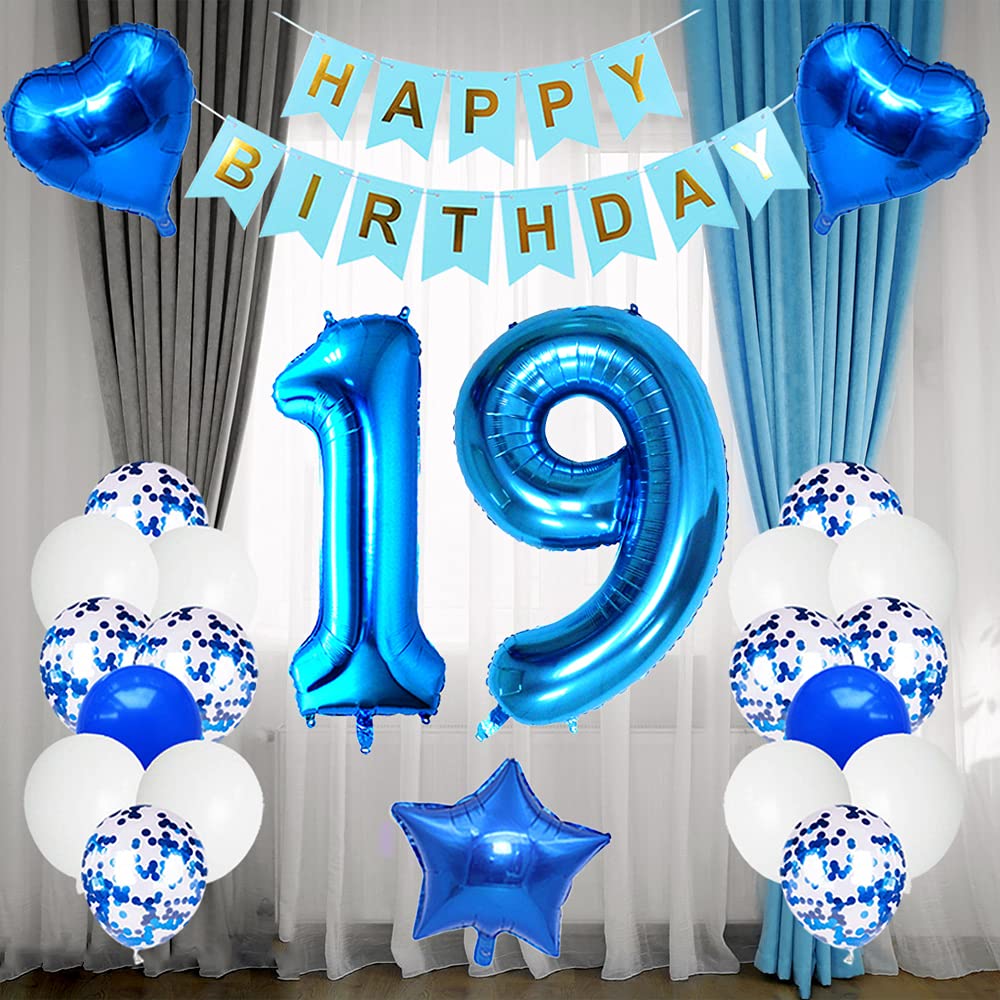 Huture 19 Birthday Party Supplies Blue Number 19 Foil Balloon Happy Birthday Banner Kit 19Th Birthday Decoration White Blue Late