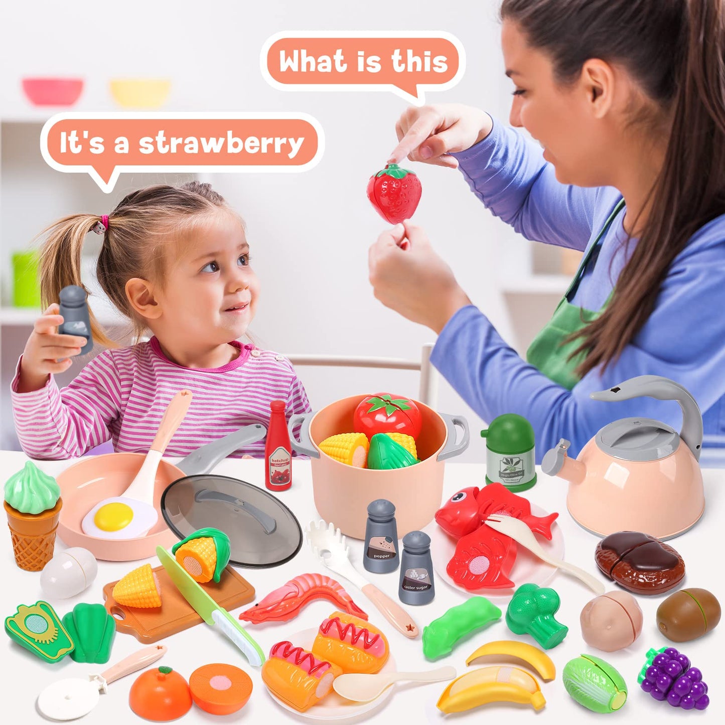 CUTE STONE Kids Kitchen Accessories Set, Play Food Sets for Kids Kitchen, Kids Cooking Sets with Play Pots and Pans, Utensils Co