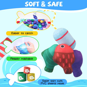 Montessori Toys for 1 Year Old - Cloth Fishing Game with Stacking Cups, Color Sorting & Number Learning Toys for Toddlers 1-3, 1