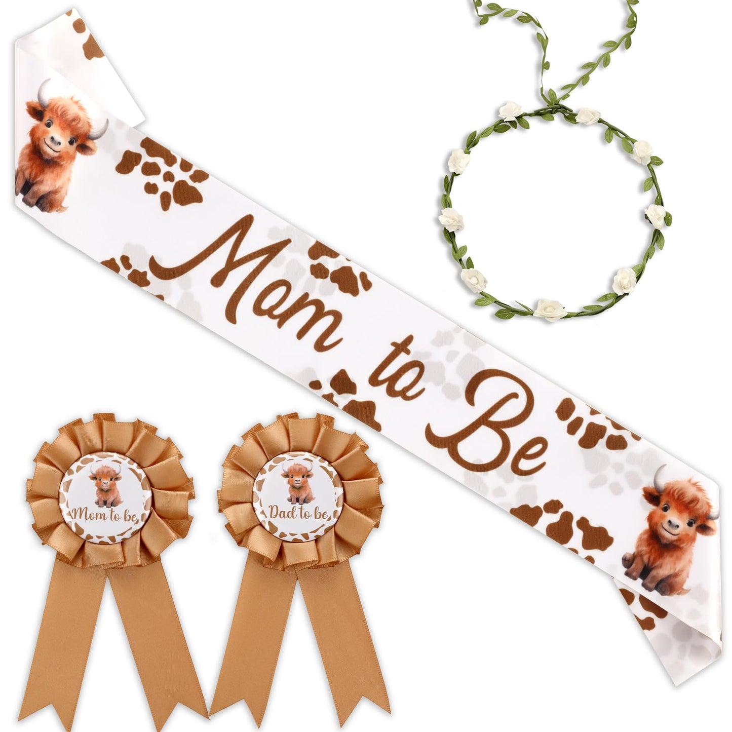 Serencatcher Highland Cow Mom to Be Sash, Highland Cow Baby Shower Favors Include Brown Mom Dad to Be Pin Sash Flower Crown Head