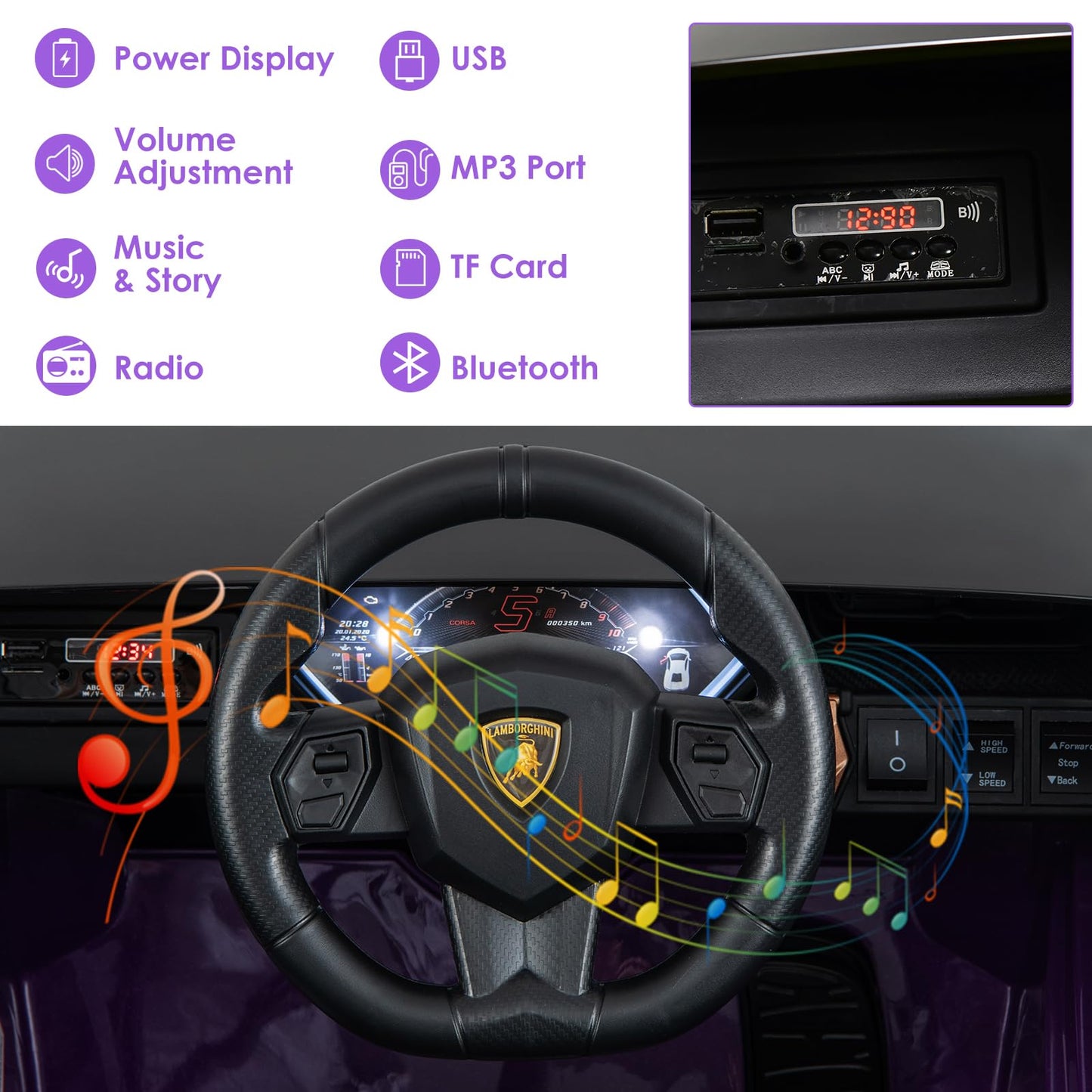 Olakids Kids 12V Licensed Lamborghini Sian Ride On Car, Electric Vehicle For Toddler With Control Remote, Battery Powered Toy With Music, Horn, 2 Speeds, Suspension, Led Lights, Bluetooth (Purple)