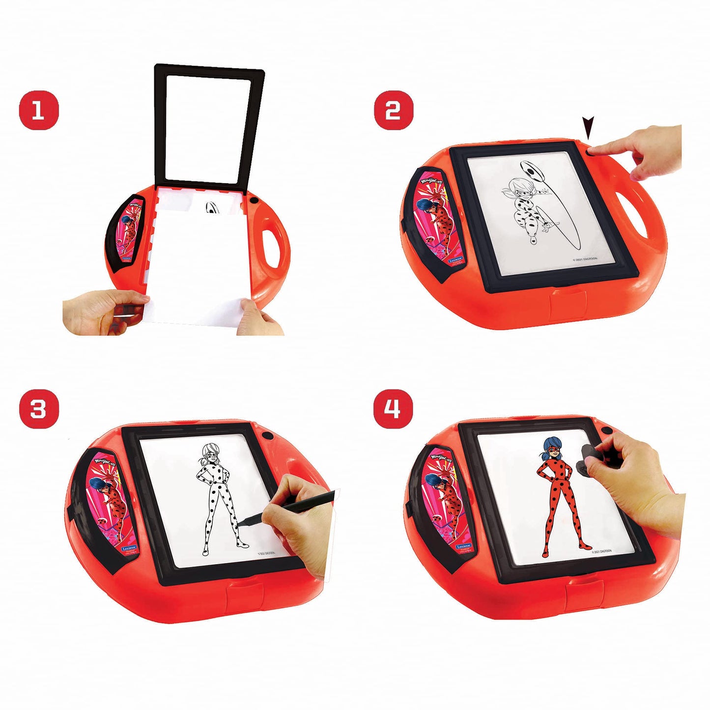 Lexibook, Miraculous Ladybug Cat Noir, Drawing Projector, 4 Stamps, 10 templates, Lighting Screen, 1 Pen Included, Artistic and