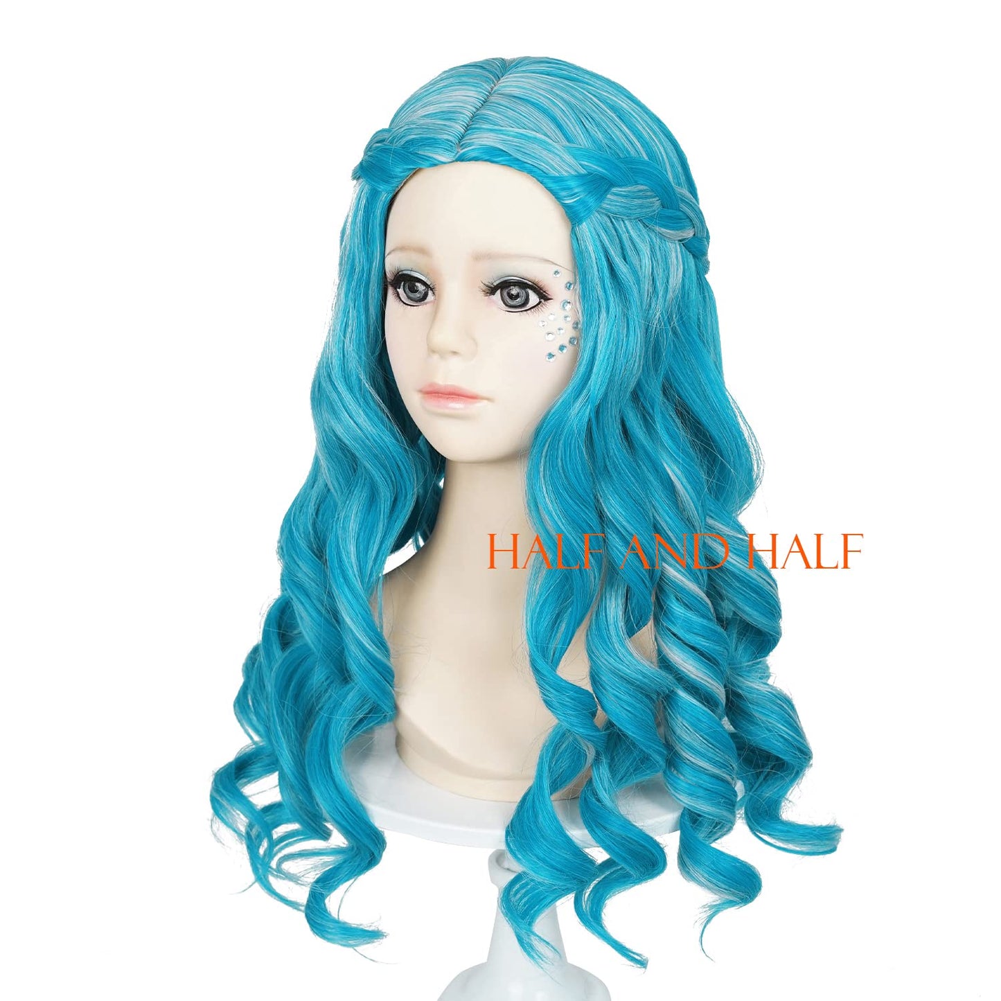 Long Curly Blue Wig For Kids With Rhinestones & Wig Cap, Blue Gradient Wave Wigs Toddler Child Synthetic Fiber Hair Blue Wigs Fo