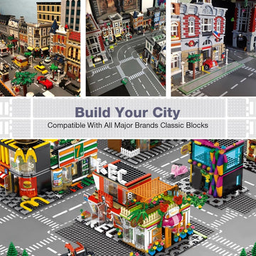 Lekebaby 16 Pack Road Base Plates, 10'X10' City Street Baseplates 100% Compatible With All Major Brands, 4 Curve / 4 T-Junction / 4 Straight / 4 Junction