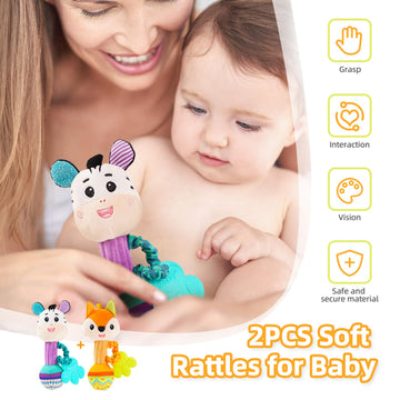 Baby Rattles 0-6 Months, Set Of 2 Rattles For Babies 0-6 Months, Soft Stuffed Animal Rattle Hand Grip Baby Toys, Baby Rattle Sha