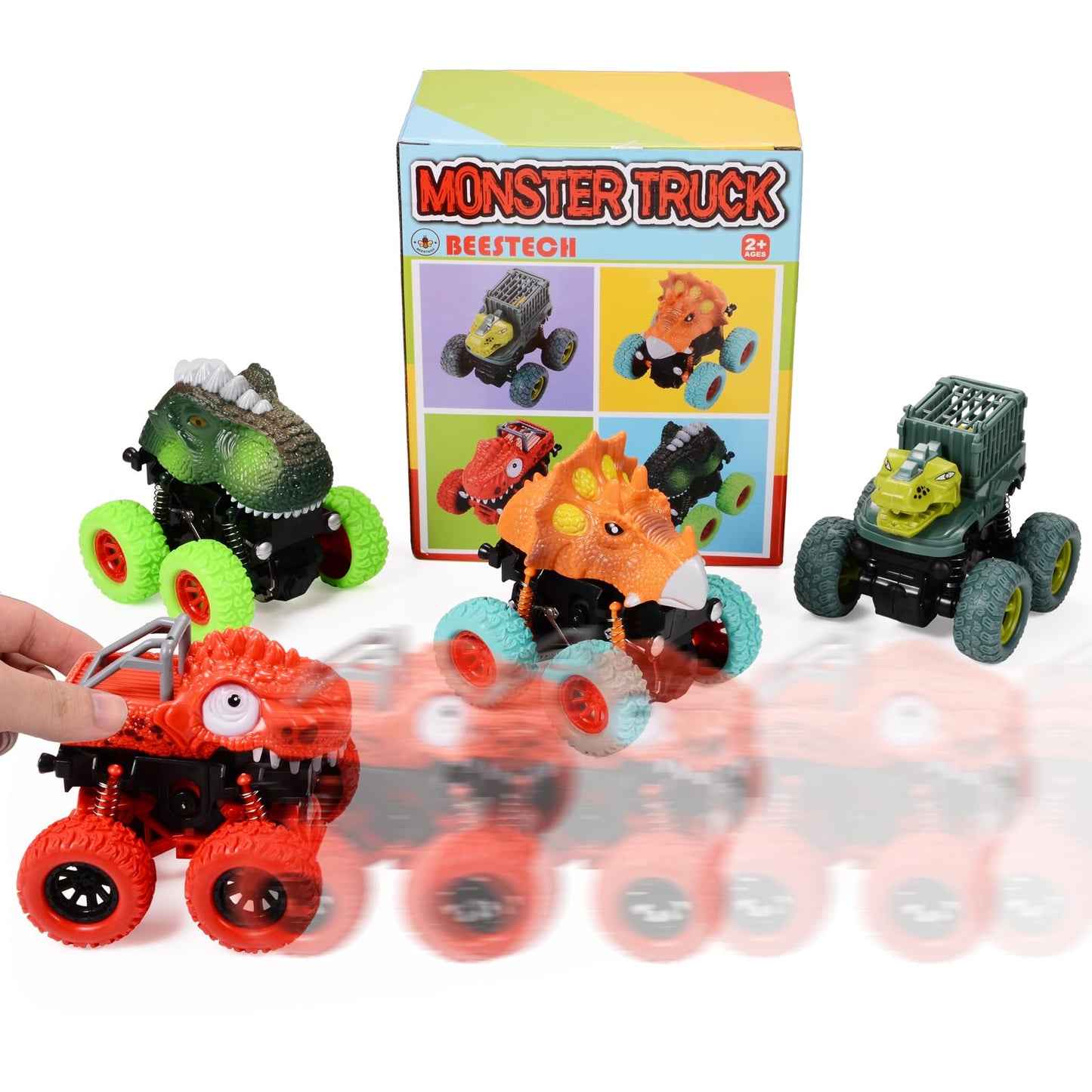 Beestech Dinosaur Toys for 2 3 4 5 Year Old Boys, Push & Pull Friction Powered Dinosaur Monster Truck Vehicles for Toddlers Pres