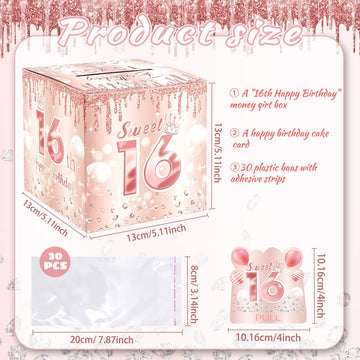 Sweet 16 Party Decorations, Rose Gold 16Th Birthday Money Boxes For Girls, Sweet 16 Money Pull Box, 16 Year Old Surprise Money B