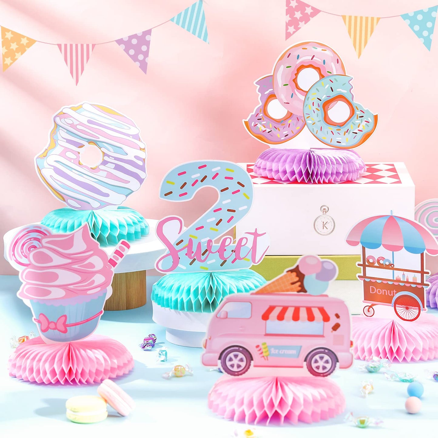 Hotop 9 Pcs Donut Two Sweet Birthday Party Decorations Table Honeycomb Centerpieces Table Topper Doughnut Birthday Sign Decor Girls Theme Party Supplies For Baby Shower