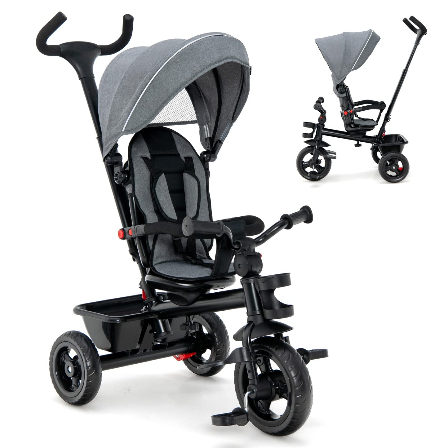 HONEY JOY Tricycle, 5-in-1 Baby Trike Stroller w/Adjustable Push Handle & Canopy, Reversible Seat, EVA Wheels Cup Holder & Stora
