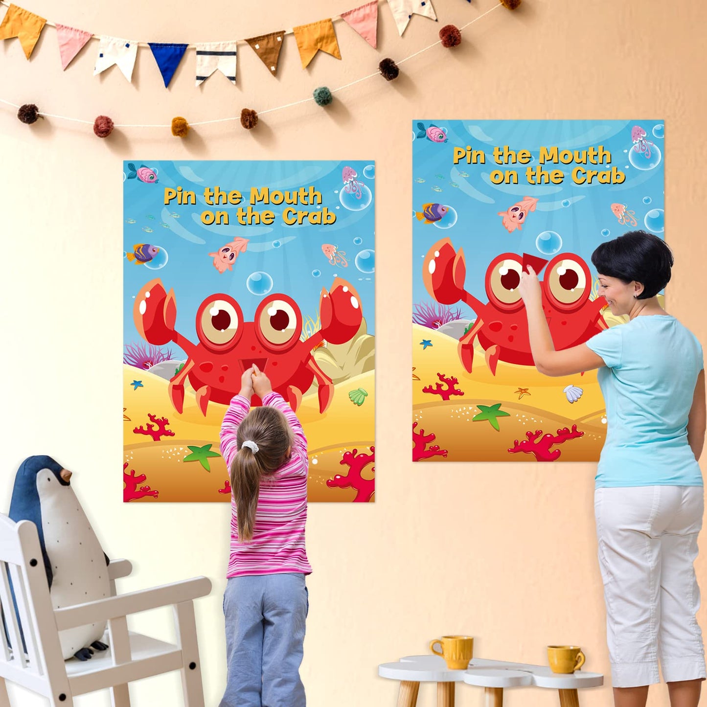 Neburora 2 Pack Pin The Mouth On The Crab Party Game 2 Large 21''X 28'' Posters With 48Pcs Stickers Ocean-Themed Birthday Party
