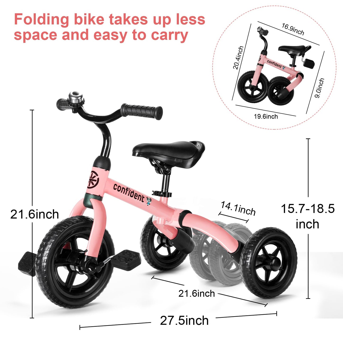 XPIY Tricycle for Toddlers Age 2 to 4 Years Old, 3 in 1 Folding Toddler Bike for Boys and Girls, Kids' Bike Trike with Detachabl