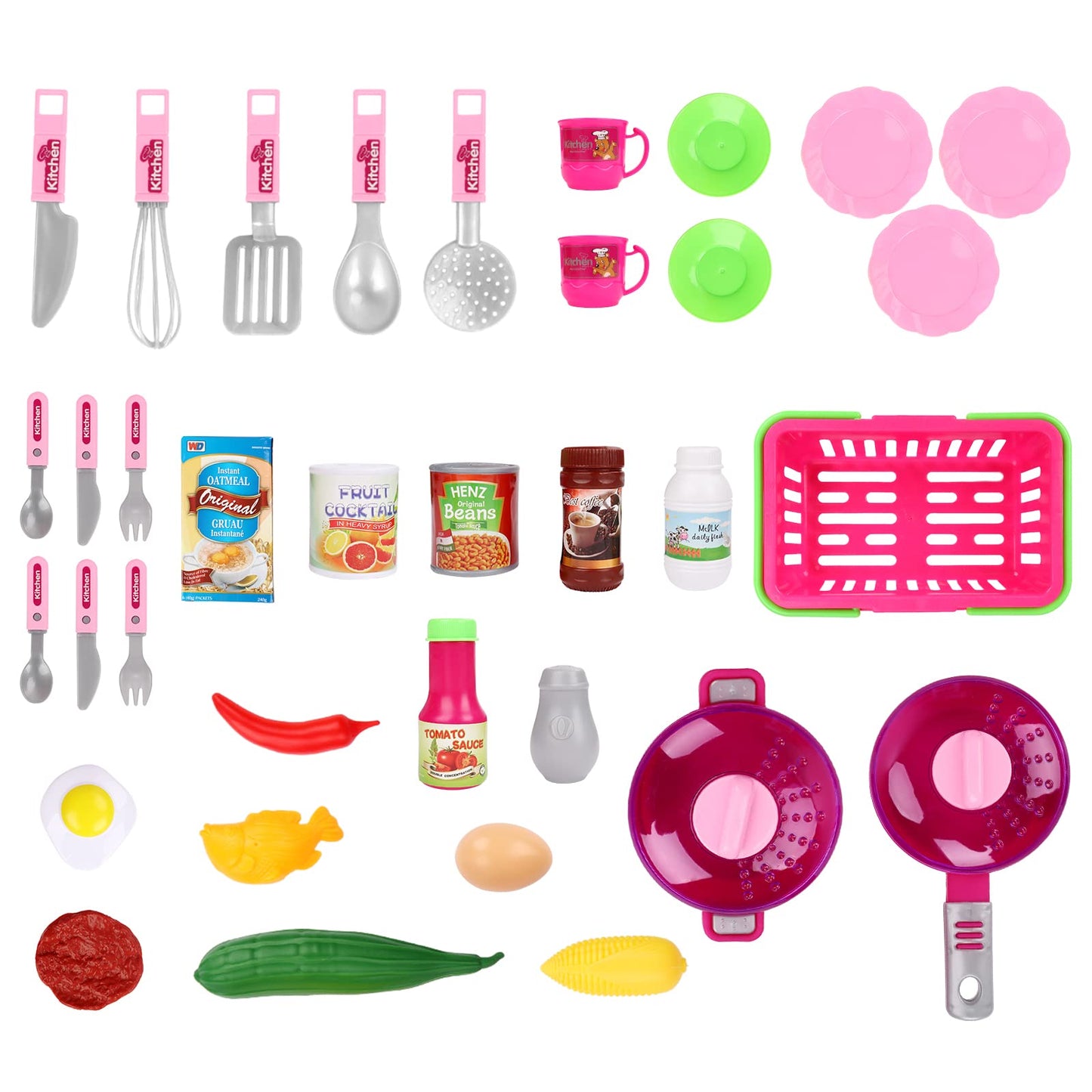 deAO Kitchen Playset Toy Pretend Food with Sounds and Lights Role Playing Game Pretend Food Playset for Toddlers,Pink