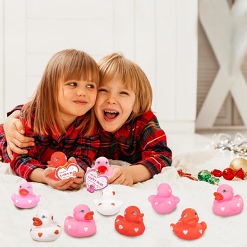 Kockuu 20Pcs Rubber Ducks With Cards Gift Valentines Day Party Favors Small 2.36 Assorted Pink Red White Squeaky Duckies In B