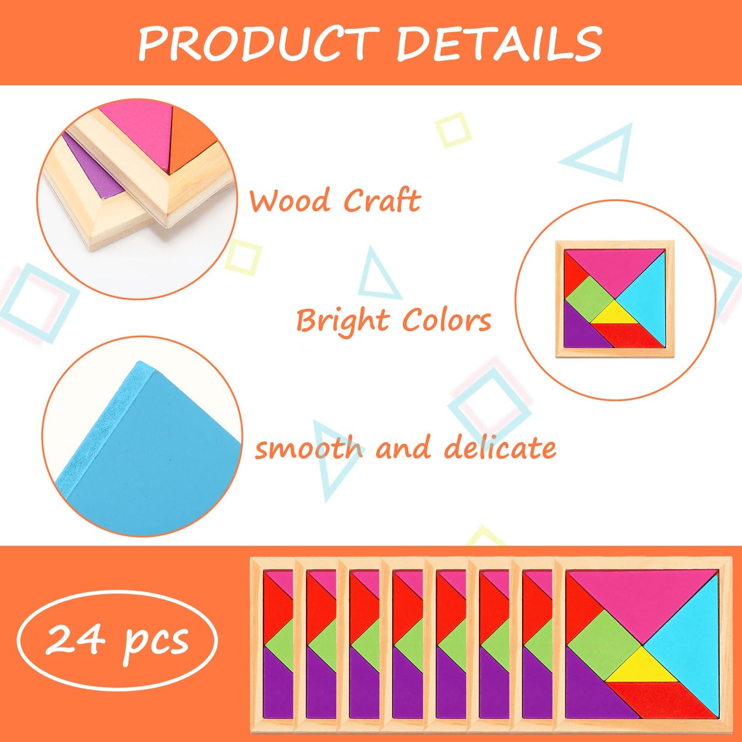 Syhood 24 Pieces Tangrams Puzzles For Students Party Favors Wooden Tangram Pattern Blocks Brain Logic Blocks For Manipulatives Games Educational Gifts And Party Favors(Bright)