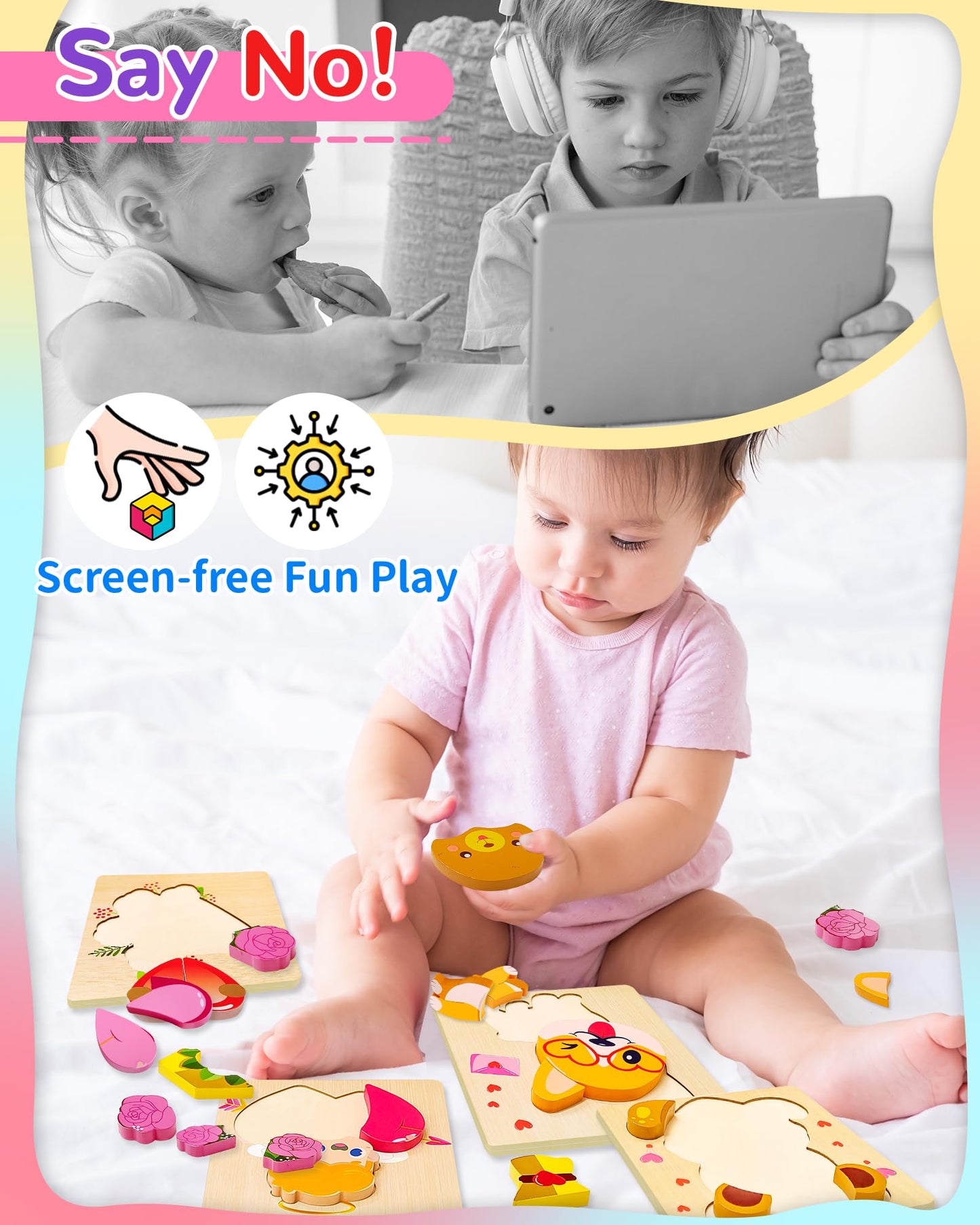 Oomloid Toddler Valentines Wooden Puzzles Gifts For Kids, 4 Pack Valentines Day Toys Valentines Gifts For Kids Classroom, Valent