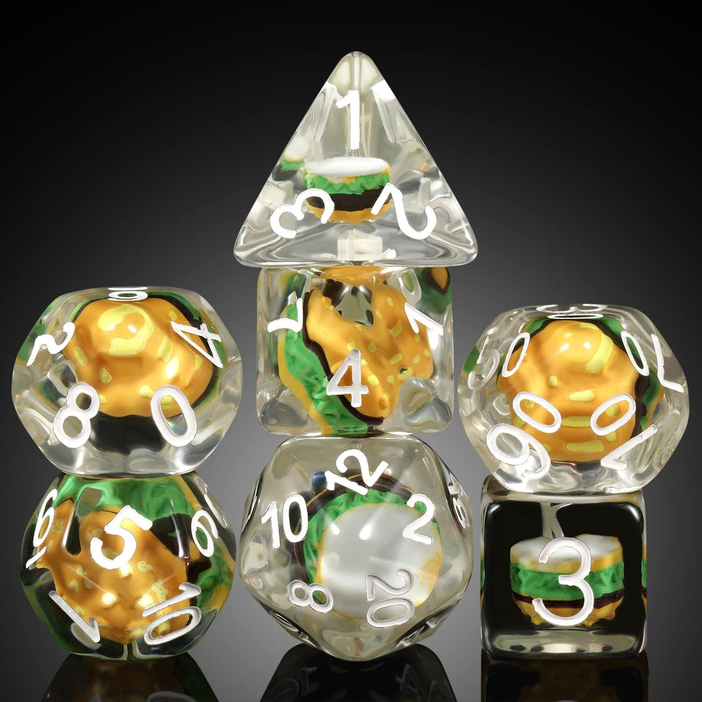 Hamburger Dungeons and Dragons Dice, DNDND 7PCS Resin DND Dice Set with Velvet Bag for D&D Role Playing Games and Tabletop Games