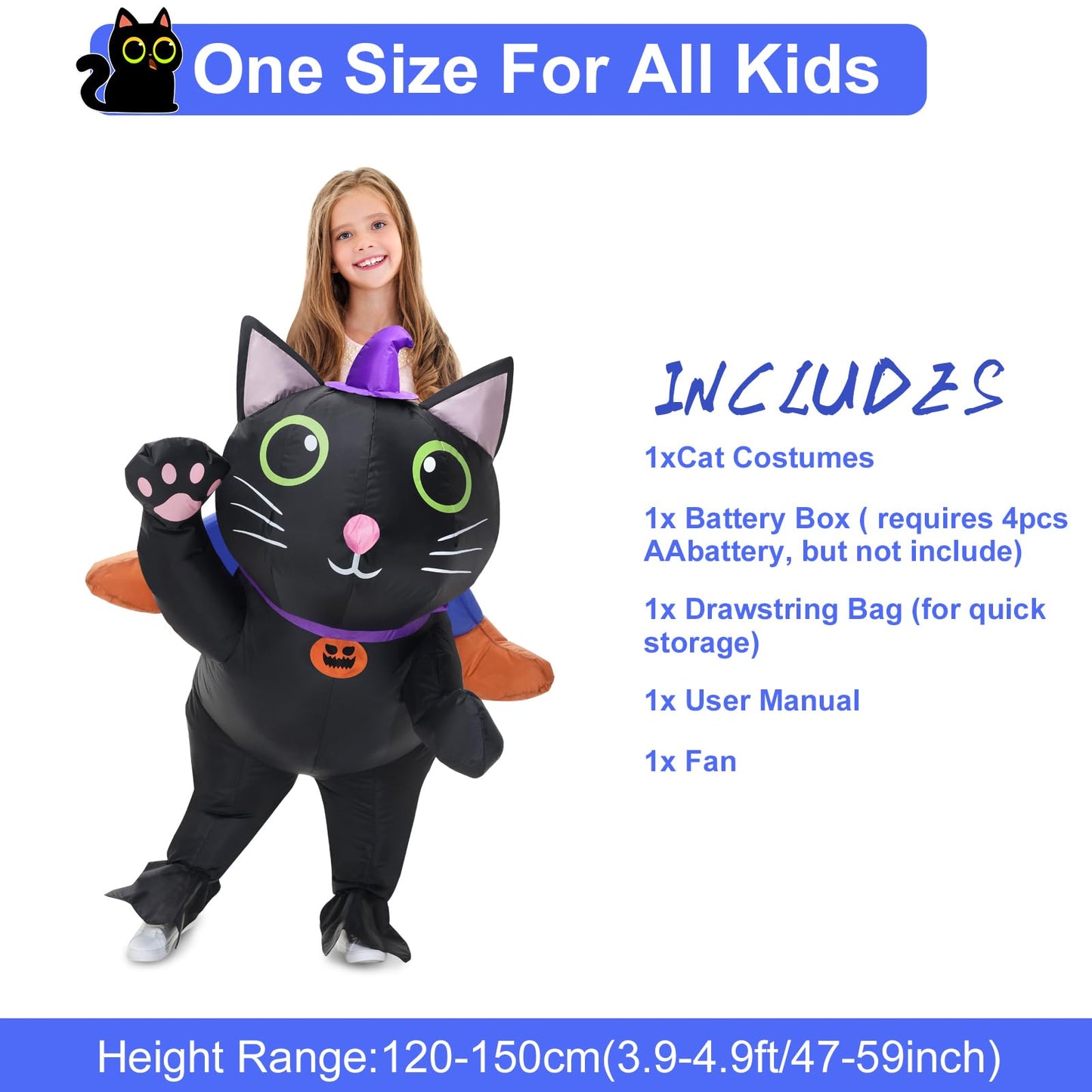 Searhmomo Inflatable Costume Cat For Kids Ride On Cat Blow Up Costumes,Funny Halloween Animal Costume For Girls Boys Cosplay Par