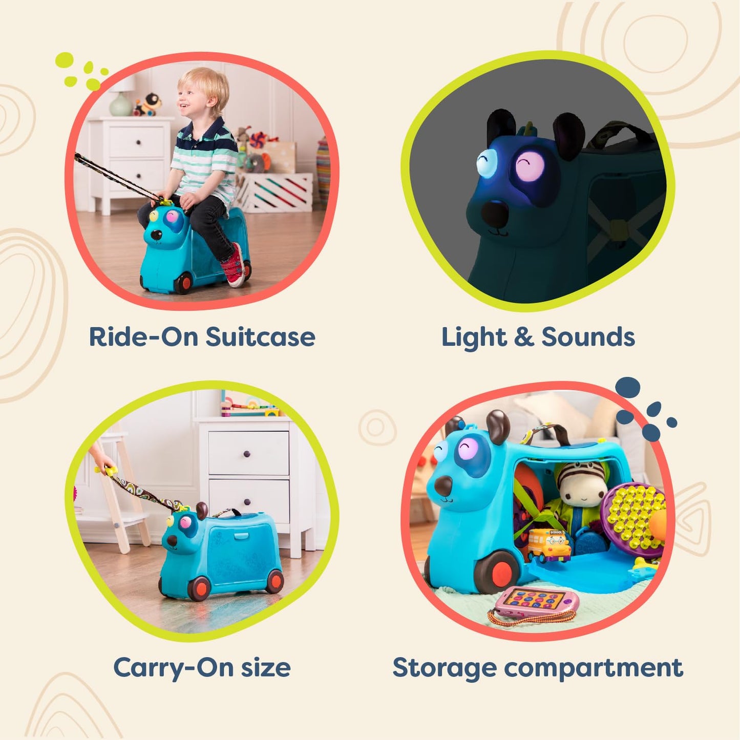 B. toys On The Gogo Woofer Ride-On Suitcase - Multicoloured Kids Luggage for Travel - Carry-On Size, Ages 2+