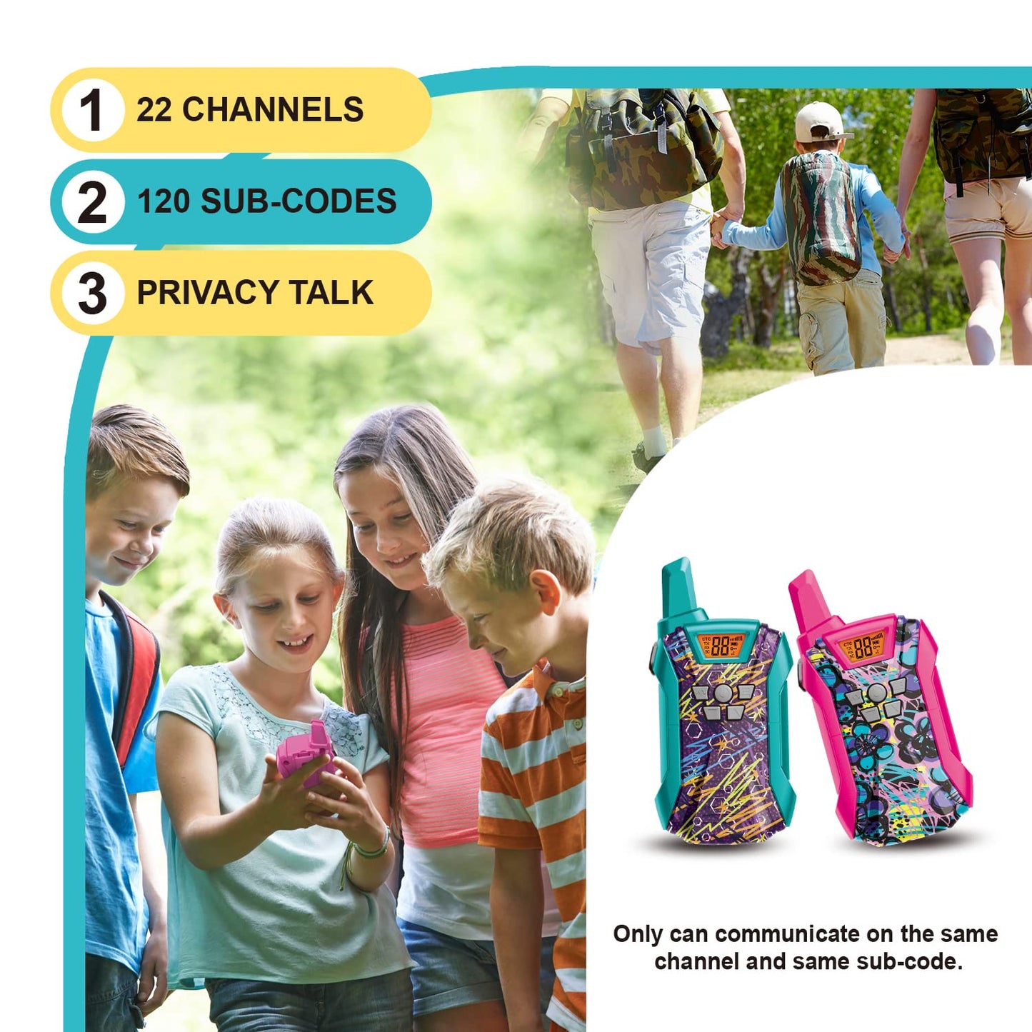 Walkie Talkies For Kids, 22 Channels Long Range Walkie Talkies For Boys Girls 4-12, 2 Way Radio Toy, Outdoor Camping Gear Toys Gifts For Kids Ages 4-12 Bluegreenpink