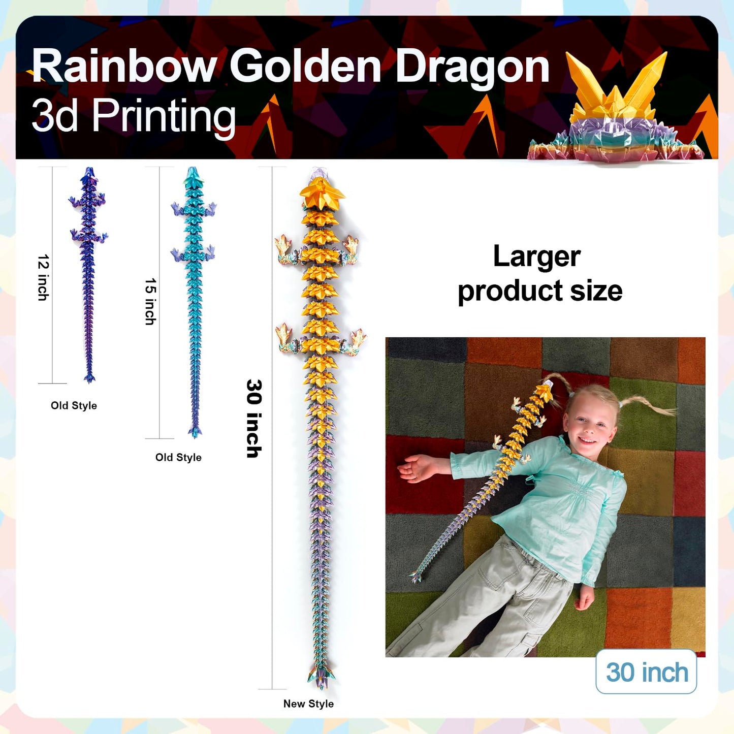 Rwsefk 30 In 3D Printed Dragon, 30Inch Dragon,3D Dragon Toy,Large Dragon Present,Ariculated Crystal Dragon(Gold Rainbow)
